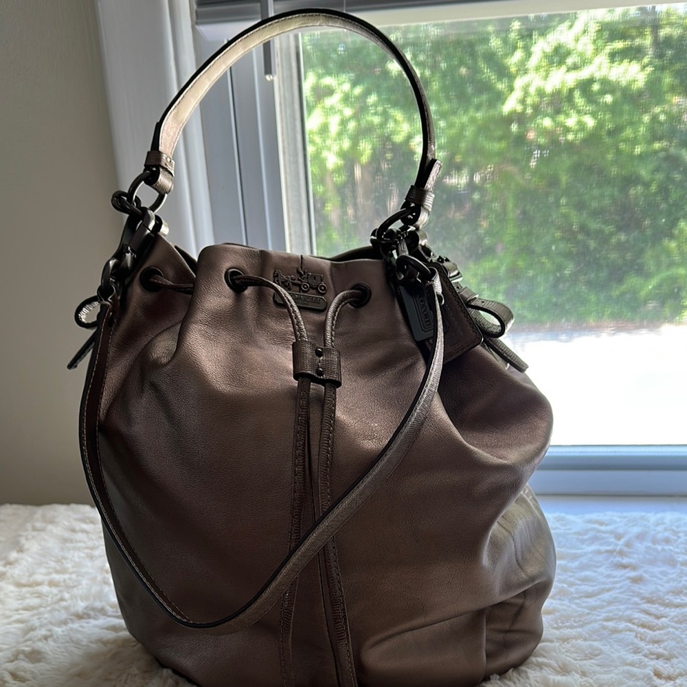 Coach Bronze Metallic Leather Bucket Bag with Adjustable Straps